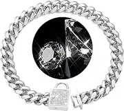 Granny Chic Top Cubic Zirconia Lock 14mm Stainless Steel Silver Curb Chain Pet Dog Training Walking Choke Collar (26inches)