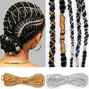 2 Pieces 5M Dreadlock Braids Hair Accessories Silver Gold Braiding Hair Deco Styling Shimmer Stretchable African Braid Braided Elastic Cord Ornament Hanging Decorating Gift Wrapping