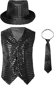 [Miutii] Kids Boys Girls Sequins Jazz Dance Vest Set with Hat and Necktie - Sparkling Performance Outfit