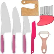 Fxvhojq 7 Pcs Wooden Kids Kitchen Knife, Plastic Knife Set Include Wood Safe Serrated Edges Toddler Potato Slicers, Sandwich Cutter and Y Peeler (Pink)