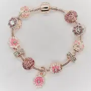 EUROPEAN BRACELET AND PINK HEARTS FLOWERS THEMED EUROPEAN CHARMS