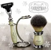 Ivory Handle 3 Edge Razor & Synthetic Hair Brush with stand Shaving Set For Men