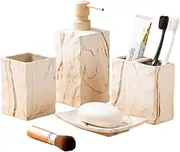 RQYIXI Bathroom Accessories Set 4 Pieces Toothbrush Holder Soap Dispenser Ceramic Bathroom Decor Set Contain Toothbrush Cup Soap Dish Tumbler Marble Brown