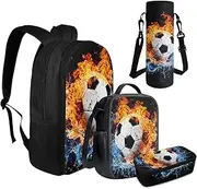 [FOR U DESIGNS] Soccer Backpack for Boys School Bookbag and Lunch Box Set 4 Pcs Kids School Bag for Boy Ages 6-8 8-10 10-12