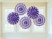 Purple Printed Paper Fan Decorations 5pk