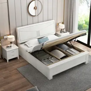 限時下殺 好物上新 實木床 床架實木床1.8米白色橡木雙人床主臥1.5米單人現代簡約壓紋抽屜儲物床加大床架 床 木頭床