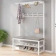 Clothes Rack 4-in-1 Design Coat Hanger Modern Versatile Hall Tree Entryway Bench with Storage Shelves Upholstered Sponge-Padded Seat with 10 Hooks Industrial Accent Furniture (Color : White, Size :