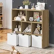 Oikiture Kids Bookshelf Toy Organiser Cabinet with Removable Box Storage Natural