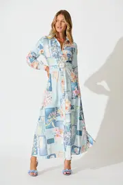 Women's Party Moonlight Maxi Shirt Dress Full Length Sleeve in Blue Patchwork Floral 8