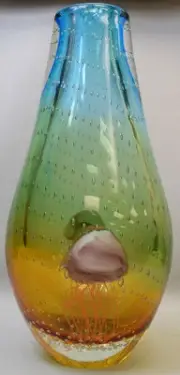 New 12" Hand Blown GlassArt Vase Blue Green Yellow Jellyfish Decorative Handmad