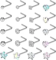 [Layguly] 20Pcs Nose Rings Hypoallergenic Titanium Steel L-Shaped Nose Studs Screw, Transparent Colorful Multi-Shaped Zircon and Ball 20G Nose Stud Set, Fashionable and Simple Piercing Jewelry for Men and