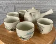 Vintage Japanese 7pc Teapot Set Fuji Scenery 5 Cups Teapot Lid Japan Rare