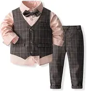 [Abolai] Baby Boys' 4 Piece Gentleman Set with Shirt,Bowtie,Plaid Vest and Pant