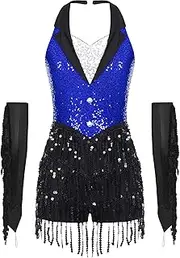 [Choomomo] Women Sequins Tassels Backless Bodysuit Latin Dance Leotard Fringe Halter Dress with Gloves Set
