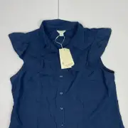 Monsoon Sleeveless Shirt 14 Blue Womens Plain Collared Button Up