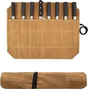 Chefs Knife Roll Bag, Waxed Canvas Knife Bag with Rope, Portable 8 Slots Knife Case, Multi-function Knife Pouch Holder Knife Wrap Wallet Storage Bag for Home Kitchen Traveling Camping, Khaki