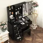 Dressing Table Dresser Black Makeup Vanity Desk Set W/ LED Mirror Stool Drawers