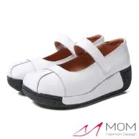 在飛比找momo購物網優惠-【MOM】真皮復古撞色拼接舒適圓頭厚底休閒娃娃鞋(白)