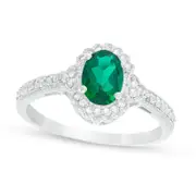 Oval Lab-Created Emerald and 0.13 CT. T.W. Diamond Frame Antique Vintage-Style Ring in Solid 10K White Gold