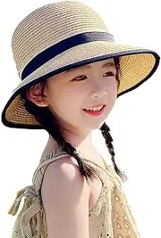 [NICEYST] Kids Girl Straw Hat Wide Brim Summer Sun Hats Beach Cap Cute Bowknot Floppy Cap 3-10 Years