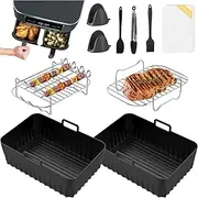 Air Fryer Rack Accessories,10-Pcs Set for Ninja DZ201, DZ201C, DZ401, Reusable Silicone Air Fryers Liners & Gloves, 100pcs Paper Lining, Food Tong, Oil Brush, Suitable for Oven, Microwave