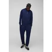 Mens Navy 260GSM Loopback Basic Regular Fit Quarter Zip Sweatshirt and Relaxed Tapered Jogger Set