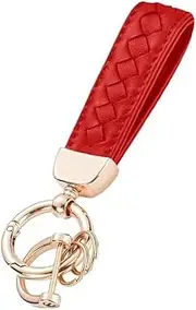 Leather Car Keychain, 360° Rotatable Handmade Knit Keychain, Key Fob Holder with Anti-Lost D-Ring