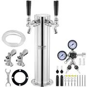 Kegerator Tower Kit, Dual Taps Beer Conversion Kit, Stainless Steel Keg Beer Tower Dispenser with Dual Gauge W21.8 Regulator & A-System Keg Coupler, Beer Drip Tray for Party