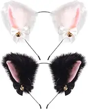 Lopsity 2PCS Cat Ears Headband with Jingle Bells Bows Cosplay Headpiece Hair Accessories Plush Furry Ears with Ribbon Bell for Halloween Cosplay Party (BLACK+WHITE)
