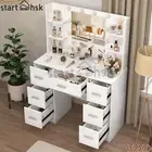 Dressing Table Wood Makeup Desk with 10 LED Mirror 7 Drawers & Shelf for Bedroom