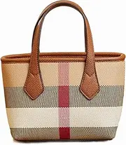 [Waiyqju] Small Size Luxury Plaid Canvas and Leather Women's Top Handle Tote for Everyday Play Shoulder Bag Mini Satchel