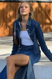 Denim Fitted Shacket Button Front Stud Details - Size 16XL, Women's Shirt