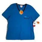Peaches Scrub Top Womens Size S Blue Black Trim Short Sleeve Pockets NWT
