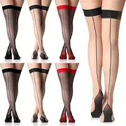 [Sintege] 6 Pairs Backseam Thigh High Sheer Stockings Cuban Heel Stockings Sheer Thigh High Seamed Stockings for Women