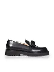 Black Leather Bow & Crystal Loafers