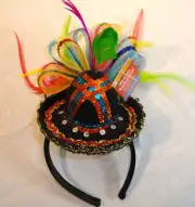 Halloween Sombrero Hat Headband Black Colorful Sequins Feathers & Ribbons Amscan