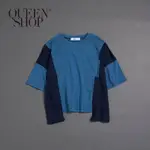 QUEENSHOP【01096010】女裝 同色系深淺拚色圓領棉質上衣 S/M＊現+預＊