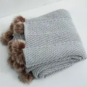 CottonMore Soft Acrylic Knitted Blanket Feather PomPom Throw Rug 130x160cm - Light Grey