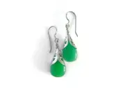 Green and Silver Teardrop Glass Filigree Earrings, Handmade with Vintage Beads