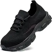 [COOU] Safety Shoes for Women Lightweight Steel Toe Cap Trainers Breathable Ladies Safety Toe Trainers Non Slip Protective Shoes Black