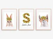 3 x A4 Nursery/Baby/Kids Wall Gift Name Woodland Animals Rabbit Fox Print