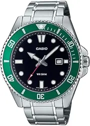 [Casio] MDV107D-3A Analog Silver Strap Unisex Adult Watch, Black/Green Dial, 49.5 × 44.2 × 12.1 mm