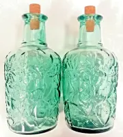 Green Glass Embossed Decanter Wine Bottle Cork Stopper Leaf Floral Qty 2