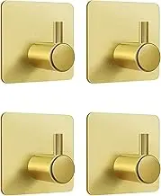 Stainless Steel Wall Hooks, 4 Pack Towel Hooks, Robe Hooks, 3M Adhesive Bathroom Hooks for Hanging Coat, Hat, Towel Robe, Matte, Waterproof (Gold-Square)