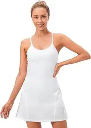 [MCHFNV] Womens Tennis Dress-Quick Dry Workout Dress-with Removable Bra & Built-in Shorts Pockets- Golf Athletic Dresses-Solid Color Cross Back with Sleeveless Dress
