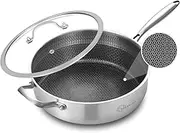 LOLYKITCH 5 QT Hybrid Ceramic Coating Non Stick Tri-Ply Stainless Steel Sauté Pan with Lid, 12 Inch Deep Frying Pan PFOA & PFOS Free,Induction Cooking Pan, Dishwasher and Oven Safe