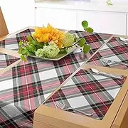 Ambesonne Tartan Table Runner & Placemats, Traditional Plaid with Diagonal Lines and Rhombuses Scottish Culture Inspirations, Set for Dining Table Decor, Placemat 4 pcs + Runner 16"x72", Coral Black