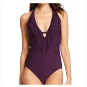 Mossimo Fringe Swimsuit Purple One Piece V-neck Women’s SZ MD fringe top NEW
