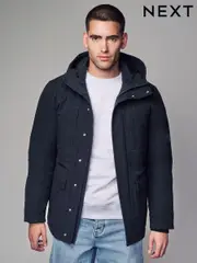 Navy Blue Borg Lined Shower Resistant Hooded Parka Jacket (644159) | $97