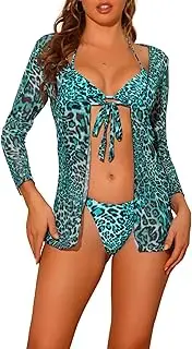 [Elerevyo] Women's Leopard Print Halter Bikini Sets, 3 Piece Lace Up Swimwear Bathing Suits with Mesh Cover Up Green X-Large